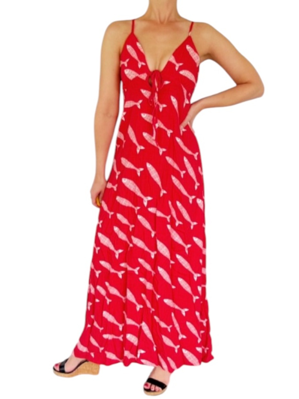 Paper Heart red linen fish print cut out tie closure maxi dress size medium
